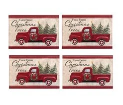 Pine Hill Christmas Tree Farm Fabric Holiday Placemats - Nostalgic Retro Christmas Farm Truck Print Placemats, Set Of 4 Farm Fresh Red Truck Placemats