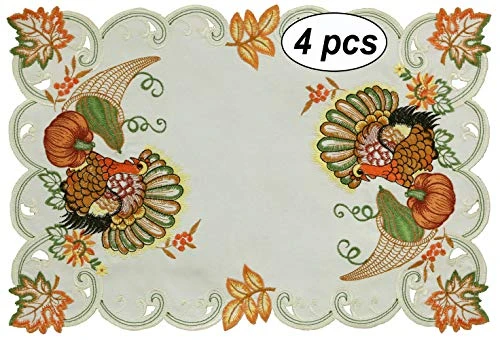 4PCS Fall Harvest Thanksgiving Placemats 11x17”, Embroidered Turkey Pumpkin Maple Leaf Place Mats Tray Cloths Ivory, Set Of 4 Pieces 2 4PCS Fall Harvest Thanksgiving Placemats 11x17”, Embroidered Turkey Pumpkin Maple Leaf Place Mats Tray Cloths Ivory, Set Of 4 Pieces - Image 2