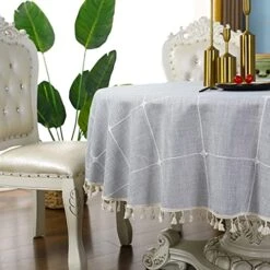 Round Grey Checkered Tablecloth Diameter 90 Inch Neutral Color Cotton Linen Table Cloth Heavy Weight Stitching Tassel Tablecloths For Dining Table Room Kitchen Picnic Outdoor 17 Round Grey Checkered Tablecloth Diameter 90 Inch Neutral Color Cotton Linen Table Cloth Heavy Weight Stitching Tassel Tablecloths For Dining Table Room Kitchen Picnic Outdoor -Generic Furniture Shop 51VHO3Ah4HS
