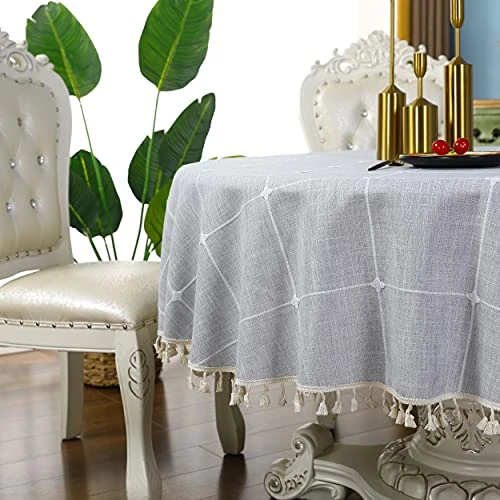 Round Grey Checkered Tablecloth Diameter 90 Inch Neutral Color Cotton Linen Table Cloth Heavy Weight Stitching Tassel Tablecloths For Dining Table Room Kitchen Picnic Outdoor 3 Round Grey Checkered Tablecloth Diameter 90 Inch Neutral Color Cotton Linen Table Cloth Heavy Weight Stitching Tassel Tablecloths For Dining Table Room Kitchen Picnic Outdoor - Image 3