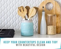 Wide Mouth Mason Jar Utensil Holder Decorative Kitchenware Organizer Crock, Chip Resistant Ceramic, Dishwasher Safe - Kitchen Caddy Aqua Blue For Countertop, Large Size 7" High -Generic Furniture Shop 51VHprOB76L