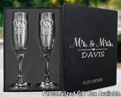 Mr Mrs Wedding Reception Celebration Twisty Stem Champagne Glasses Set Of 2 Couples Newlywed Married Groom Bride Husband Wife Anniversary Engraved CLEAR Flute Glass Favors (Personalized) -Generic Furniture Shop 51VUfLI6l9L