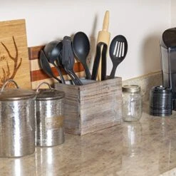 Rustic Kitchen Utensil Holder With 2 Compartments | Torched Wood Utensil Organizer | For Cutlery, Napkins, Cups & More | Large Vintage Countertop Caddy Box | Size: 7 X 9.5 X 4.7” Inch -Generic Furniture Shop 51VlgVsyxLL