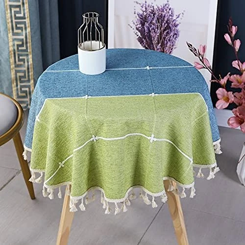 Round Grey Checkered Tablecloth Diameter 90 Inch Neutral Color Cotton Linen Table Cloth Heavy Weight Stitching Tassel Tablecloths For Dining Table Room Kitchen Picnic Outdoor 9 Round Grey Checkered Tablecloth Diameter 90 Inch Neutral Color Cotton Linen Table Cloth Heavy Weight Stitching Tassel Tablecloths For Dining Table Room Kitchen Picnic Outdoor - Image 9