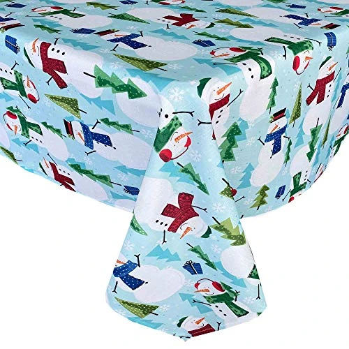 Blue Snowman Fun Christmas Fabric Tablecloth, Cheerful Snowmen And Evergreen Tree Print Xmas Soil Resistant, No Iron Easy Care Tablecloth, 52 Inch X 70 Inch Oblong/Rectangle 1 Blue Snowman Fun Christmas Fabric Tablecloth, Cheerful Snowmen And Evergreen Tree Print Xmas Soil Resistant, No Iron Easy Care Tablecloth, 52 Inch X 70 Inch Oblong/Rectangle