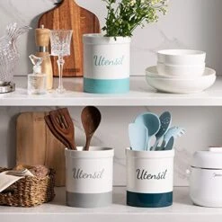 Kitchen Utensil Holder, 7.2" Ceramic Utensil Crock For Cooking Countertop, Housewarming, Wedding, Birthday Gift (Gray) -Generic Furniture Shop 51XB2zafblL