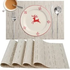 Placemats Set Of 4 Washable Heat-Resistant Non Slip Braided Table Mats Woven PVC Vinyl Kitchen Dining Patio Table Place Mats For Dinner Parties BBQs Indoor And Ourdoor Use.18"x12"(Bamboo-Beige)
