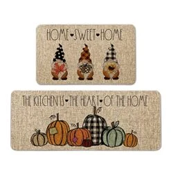 Artoid Mode Home Sweet Home Gnome Pumpkin Decorative Kitchen Mats Set Of 2, The Kitchen Is The Heart Of The Home Seasonal Fall Holiday Party Vintage Low-Profile Floor Mat - 17x29 And 17x47 Inch