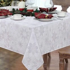 Hristmas Tablecloth, Grey White Snowflake Table Cloth, Gray Xmas Tablecloths For Dining Kitchen Winter Holiday, Waterproof Table Cover For New Year Party Home Decor, Rectangle 60 X 104 Inch