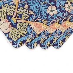 Morris & Co Strawberry Thief Blue Collection Placemats | Set Of 4 | Heat Resistant Mats | Cork-Backed Board | Hard Placemat Set For Dining Table | Measures 15.7” X 11.7”
