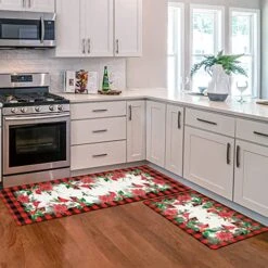 Pauwer Christmas Kitchen Rugs Set Of 2, Red Buffalo Plaid Poinsettia Flower Kitchen Floor Mat, Non Slip Anti Fatigue Kitchen Mats For Floor, Cushioned Kitchen Rug Set Christmas Decorations For Home -Generic Furniture Shop 51aBzCpao7L