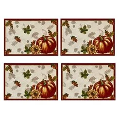 Autumns Bounty Bordered Thanksgiving And Fall Season Fabric Placemat Set, Bountiful Farm Pumpkin And Gourd Harvest Easy Care Placemats, Set Of 4 Placemat Sets
