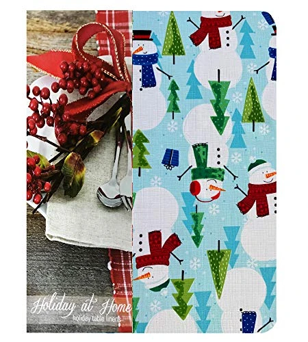 Blue Snowman Fun Christmas Fabric Tablecloth, Cheerful Snowmen And Evergreen Tree Print Xmas Soil Resistant, No Iron Easy Care Tablecloth, 52 Inch X 70 Inch Oblong/Rectangle 2 Blue Snowman Fun Christmas Fabric Tablecloth, Cheerful Snowmen And Evergreen Tree Print Xmas Soil Resistant, No Iron Easy Care Tablecloth, 52 Inch X 70 Inch Oblong/Rectangle - Image 2