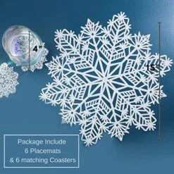 Flake Placemats Set Of 6 Laminated Metallic Vinyl Round 15 Inch Diameter Winter Festival Table Decorations For Holiday Christmas Party Feast Come W/ Matching Coaster By Snowkingdom (White, 12 Pcs) -Generic Furniture Shop 51bfHFZKXtL