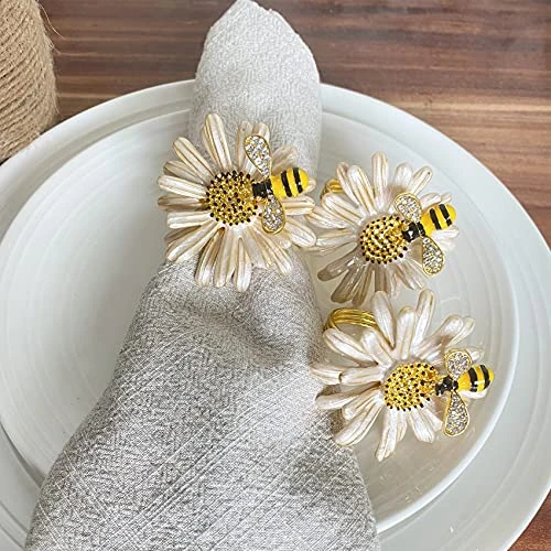 Set Of 6 Bee Napkin Rings Modern Daisy Flower Napkin Holder Tablescape Table Place Setting Party Wedding Dining Decor Accessories (Cream) 1 Set Of 6 Bee Napkin Rings Modern Daisy Flower Napkin Holder Tablescape Table Place Setting Party Wedding Dining Decor Accessories (Cream)