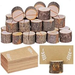 30 Pcs Rustic Wood Place Card Holders Circular Table Numbers Holder Stand Wooden Bark Memo Holder Card Photo Picture Note Clip Holders And Kraft Place Cards Bulk Wedding Party Table Number Sign