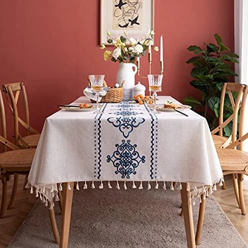 Table Cloth Embroidery Damask Pattern Wrinkle Free Heavy Weight Cotton Linen Farmhouse Tablecloth Decorative Fabric Tassel Table Cover For Outdoor And Indoor Use (Rectangle,55 X 87 Inch) 7 Table Cloth Embroidery Damask Pattern Wrinkle Free Heavy Weight Cotton Linen Farmhouse Tablecloth Decorative Fabric Tassel Table Cover For Outdoor And Indoor Use (Rectangle,55 X 87 Inch) - Image 7
