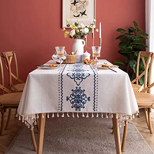 Table Cloth Embroidery Damask Pattern Wrinkle Free Heavy Weight Cotton Linen Farmhouse Tablecloth Decorative Fabric Tassel Table Cover For Outdoor And Indoor Use (Rectangle,55 X 87 Inch) 1 Table Cloth Embroidery Damask Pattern Wrinkle Free Heavy Weight Cotton Linen Farmhouse Tablecloth Decorative Fabric Tassel Table Cover For Outdoor And Indoor Use (Rectangle,55 X 87 Inch)