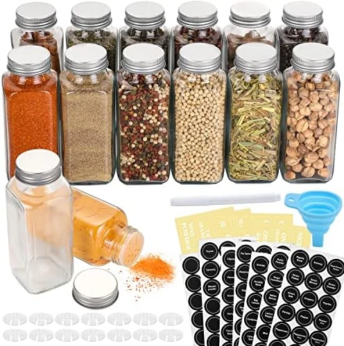 14 Pcs Glass Spice Jars With Spice Labels - 4oz Empty Square Spice Bottles - Shaker Lids And Airtight Metal Caps - Chalk Marker And Silicone Collapsible Funnel Included 6 14 Pcs Glass Spice Jars With Spice Labels - 4oz Empty Square Spice Bottles - Shaker Lids And Airtight Metal Caps - Chalk Marker And Silicone Collapsible Funnel Included - Image 6