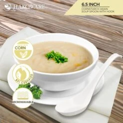 [600 COUNT] HAKOWARE By HARVEST PACK Disposable Asian Soup Spoons With Hook, Made From Cornstarch, For Take-out Ramen Pho Noodles