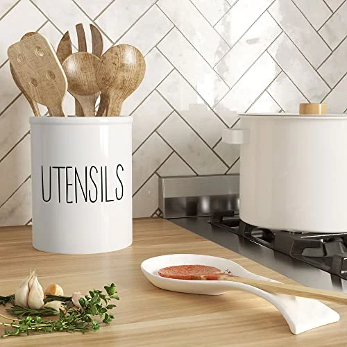 Ceramic Farmhouse Kitchen Utensil Holder For Countertop, Decorative Kitchen Utensil Holder, Large Kitchen Utensil Holder For Kitchen Counter, Utensil Crock Spatula Holder, 7" White 1 Ceramic Farmhouse Kitchen Utensil Holder For Countertop, Decorative Kitchen Utensil Holder, Large Kitchen Utensil Holder For Kitchen Counter, Utensil Crock Spatula Holder, 7" White