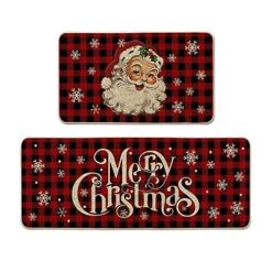 Artoid Mode Buffalo Plaid Snow Santa Claus Christmas Kitchen Rugs Set Of 2, Winter Low-Profile Floor Mat Merry Christmas Decorations For Home Kitchen - 17x29 And 17x47 Inch