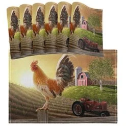 Animal Rooster Sunset Placemat Table Mats Set Of 6, Morning Cock Farm Birds Sun Animal Rural Heat-Resistant Washable Clean Kitchen Place Mats For Dining Table Decoration