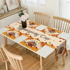 Thanksgiving Table Runner With Placemats Set Of 6 - Happy Thanksgiving Turkey Autumn Fall Harvest Pumpkin Maple Leaves 13 X 90 Inch Table Runner Set Cotton Linen Table Mats For Dining Table