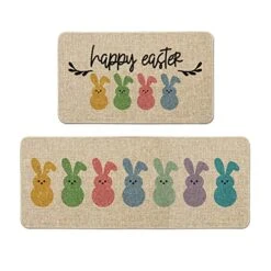 Artoid Mode Happy Easter Rabbits Decorative Kitchen Mats Set Of 2, Home Seasonal Spring Easter Holiday Holiday Party Low-Profile Floor Mat - 17x29 And 17x47 Inch