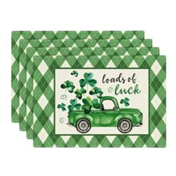 Diamond Plaid Truck Shamrock Lucky St. Patrick's Day Placemats Set Of 4, 12x18 Inch Spring Table Mats For Party Kitchen Dining Decoration