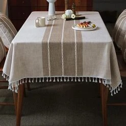 Middle Embroidery Table Cloth Washable Cotton Linen Tassel Tablecloth, Rectangle Wrinkle Free Anti-Fading Table Cover For Kitchen Dinning Thanksgiving Christmas (55 X 86 Inch, Brown)