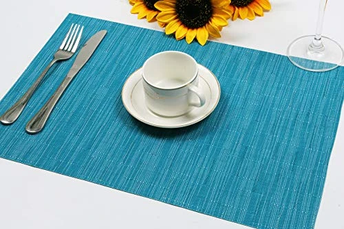 Placemats Set Of 6 Woven Vinyl Place Mats For Dining Table Wipe Clean Stain Resistant Table Mats (6, Teal Blue) 2 Placemats Set Of 6 Woven Vinyl Place Mats For Dining Table Wipe Clean Stain Resistant Table Mats (6, Teal Blue) - Image 2