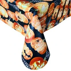 Glowing Jack O Lanterns Halloween Vinyl Flannel Backed Tablecloth - Scary Carved Pumpkins, Spiders And Webs Halloween Tablecloth, Easy Care Wipe Clean, 70 In Round -Generic Furniture Shop 51mgydThHpL