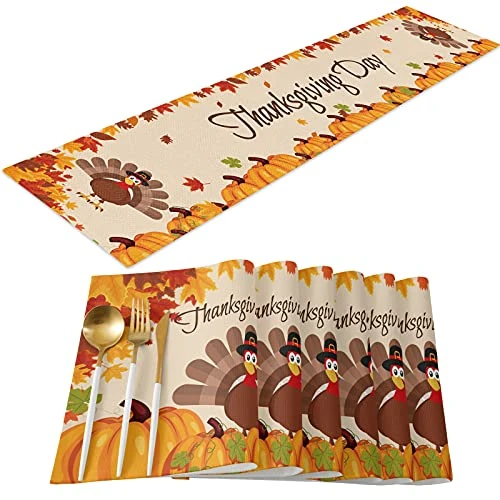Thanksgiving Table Runner With Placemats Set Of 6 - Happy Thanksgiving Turkey Autumn Fall Harvest Pumpkin Maple Leaves 13 X 90 Inch Table Runner Set Cotton Linen Table Mats For Dining Table 2 Thanksgiving Table Runner With Placemats Set Of 6 - Happy Thanksgiving Turkey Autumn Fall Harvest Pumpkin Maple Leaves 13 X 90 Inch Table Runner Set Cotton Linen Table Mats For Dining Table - Image 2