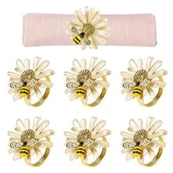 Daisy Sunflower Napkin Rings Set Of 6, Gold Bee Napkin Ring Holders For Formal Or Casual Dinning Table Decor