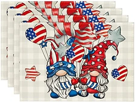 Gnomes Stars Love Heart Buffalo Plaid 4th Of July Placemats Set Of 4, 12x18 Inch Holiday Table Mats For Party Kitchen Dining Decoration 9 Gnomes Stars Love Heart Buffalo Plaid 4th Of July Placemats Set Of 4, 12x18 Inch Holiday Table Mats For Party Kitchen Dining Decoration - Image 9