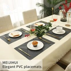 Placemats Heat Resistant Non Slip Washable PVC Place Mat, Woven Vinyl Placemats Set Of 4 (Geometric Line Black Grey) -Generic Furniture Shop 51paxApnGXL