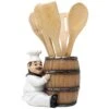 French Chef Pierre Decorative Countertop Utensil Holder Crock With Faux Wood Wine Barrel Display Stand Table Statue For Country Cottage Decor & Gourmet Kitchen Decorations As Housewarming Gifts