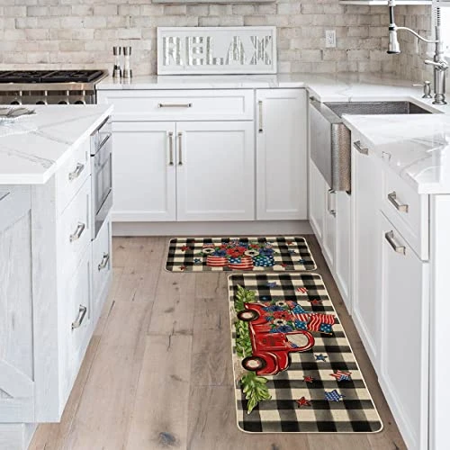 Artoid Mode Watercolor Buffalo Plaid Vase Stars Truck Kitchen Mats Set Of 2, 4th Of July Patriotic Liberty Decorations For Home Kitchen - 17x29 And 17x47 Inch 4 Artoid Mode Watercolor Buffalo Plaid Vase Stars Truck Kitchen Mats Set Of 2, 4th Of July Patriotic Liberty Decorations For Home Kitchen - 17x29 And 17x47 Inch - Image 4