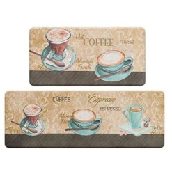 Coffee Theme Kitchen Rug Set 2 Pieces, Cushioned Anti-Fatigue Kitchen Floor Mats Waterproof Easy To Clean Comfort Standing Kitchen Mat Set (Beige)