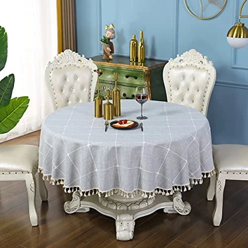 Round Grey Checkered Tablecloth Diameter 90 Inch Neutral Color Cotton Linen Table Cloth Heavy Weight Stitching Tassel Tablecloths For Dining Table Room Kitchen Picnic Outdoor 2 Round Grey Checkered Tablecloth Diameter 90 Inch Neutral Color Cotton Linen Table Cloth Heavy Weight Stitching Tassel Tablecloths For Dining Table Room Kitchen Picnic Outdoor - Image 2