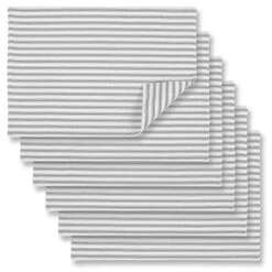 Alloy Gray And White Ticking Stripe Fabric Placemats 13 X 19 Inches Woven Cotton Reversible, Set Of 6