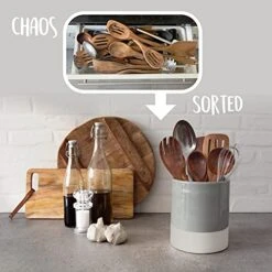 Utensil Holder – Crock - Caddy - Extra Large Ceramic Organizer For Kitchen Countertop - Modern Or Rustic Farmhouse Decor - Gray & Natural White - Jar Holds All Spatulas, Spoons & Tools -Generic Furniture Shop 51rqwC3SwwS