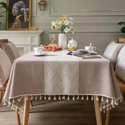 Rectangle Square Tablecloths Knitted Embroidery Textured Tassel Cotton Linen Decorative Oblong Table Cover For Kitchen Dining Room Picnic (55x87 Inch,Grey) -Generic Furniture Shop 51rtpplSxSS. AC 3