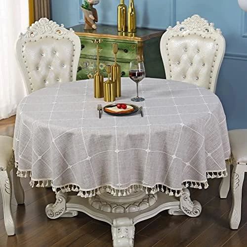 Round Grey Checkered Tablecloth Diameter 90 Inch Neutral Color Cotton Linen Table Cloth Heavy Weight Stitching Tassel Tablecloths For Dining Table Room Kitchen Picnic Outdoor 15 Round Grey Checkered Tablecloth Diameter 90 Inch Neutral Color Cotton Linen Table Cloth Heavy Weight Stitching Tassel Tablecloths For Dining Table Room Kitchen Picnic Outdoor - Image 15