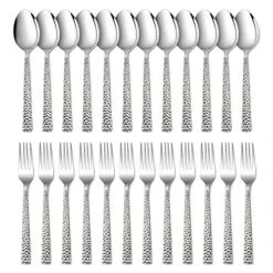 24-Piece Hammered Forks And Spoons Silverware Set, E-far Stainless Steel Square 12 Dinner Forks And 12 Dinner Spoons, Modern Metal Flatware Cutlery For Kitchen And Restaurant, Dishwasher Safe-7.9 Inch