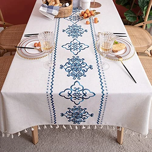 Table Cloth Embroidery Damask Pattern Wrinkle Free Heavy Weight Cotton Linen Farmhouse Tablecloth Decorative Fabric Tassel Table Cover For Outdoor And Indoor Use (Rectangle,55 X 87 Inch) 4 Table Cloth Embroidery Damask Pattern Wrinkle Free Heavy Weight Cotton Linen Farmhouse Tablecloth Decorative Fabric Tassel Table Cover For Outdoor And Indoor Use (Rectangle,55 X 87 Inch) - Image 4
