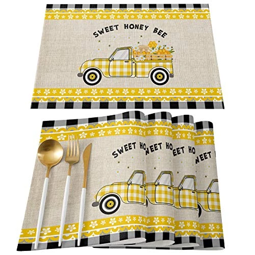 Store Placemats Yellow Truck Sweet Honey Bee Daisy Black White Grid Heat-Resistant Washable Place Mats Non Slip, Table Mats For Dinner Table Kitchen Outdoor Weeding Set Of 6 1 Store Placemats Yellow Truck Sweet Honey Bee Daisy Black White Grid Heat-Resistant Washable Place Mats Non Slip, Table Mats For Dinner Table Kitchen Outdoor Weeding Set Of 6