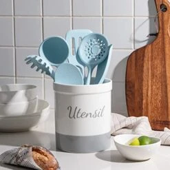 Kitchen Utensil Holder, 7.2" Ceramic Utensil Crock For Cooking Countertop, Housewarming, Wedding, Birthday Gift (Gray) -Generic Furniture Shop 51toWNHnNVL