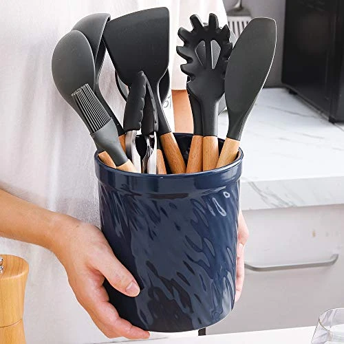 Kitchen Utensil Holder, Large Ceramic Utensil Crock, Deep And Stable, Utensils Caddy Texture Series (Dark Blue) 3 Kitchen Utensil Holder, Large Ceramic Utensil Crock, Deep And Stable, Utensils Caddy Texture Series (Dark Blue) - Image 3